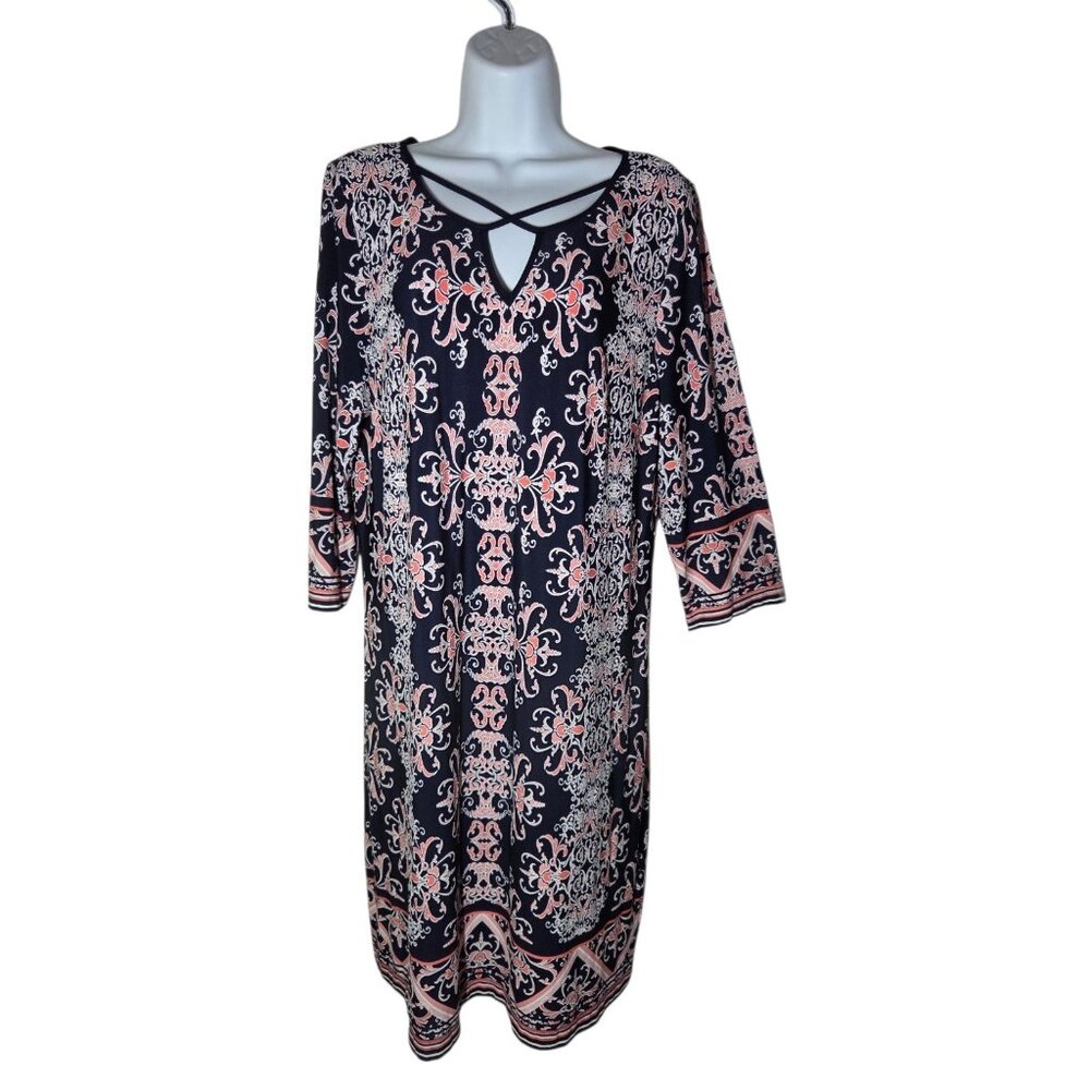 Sandra Darren Navy Blue & Pink Boho Midi Shift Dress Stretchy‎ Strappy L NWT